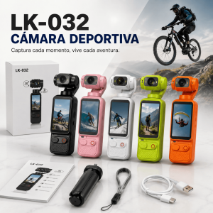 Cámara deportiva LK-032 en colores surtidos con pantalla y cabezal de cámara visible, ideal para capturar actividades y momentos recreativos. Venta por mayoreo