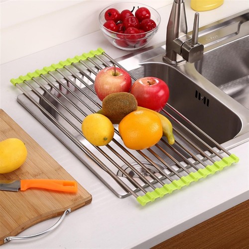 Escurridor plegable de acero inoxidable para tarja, ideal para secar platos, vasos, frutas y verduras. Venta por mayoreo 5580