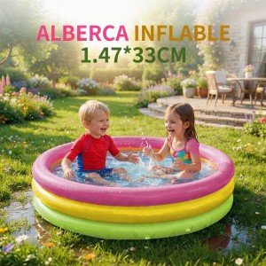 Alberca inflable infantil diseño arcoíris ideal para juegos con agua en exteriores. Medida 147 cm x 33 cm. Diseño colorido. Venta por mayoreo 57422EP