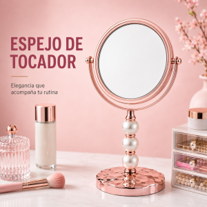 Espejo de tocador redondo rosa con perlas por mayoreo
