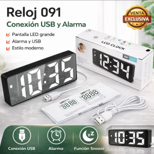 Reloj digital modelo 091 con conexión USB y alarma. Diseño moderno de 16 cm, ideal para recámara u oficina. Venta por mayoreo. 60091