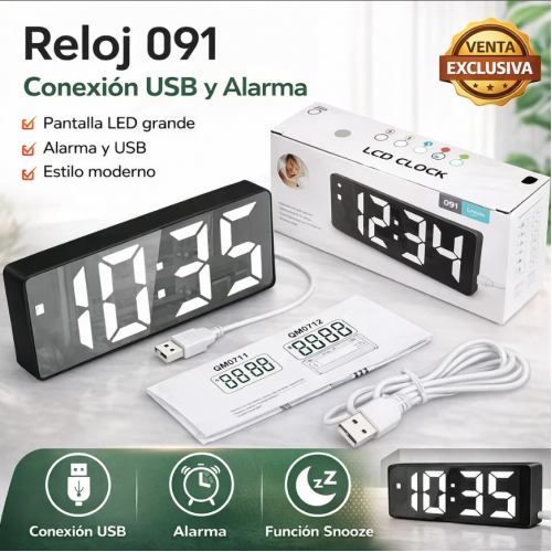 Reloj digital modelo 091 con conexión USB y alarma. Diseño moderno de 16 cm, ideal para recámara u oficina. Venta por mayoreo. 60091