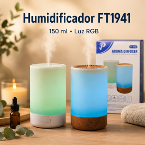 Difusor de aroma/humidificador FT1941 de 150 ml y 12 cm de alto con luz RGB. Ideal para hogar, oficina o spa. Venta por mayoreo