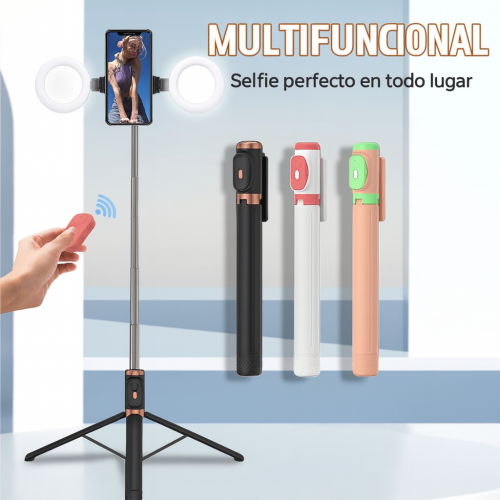 Palo selfie 3 en 1 con luz LED y control remoto Bluetooth. Funciona como trípode y soporte para grabar videos, selfies o transmisiones en vivo con iluminación perfecta Venta al por mayor 60881