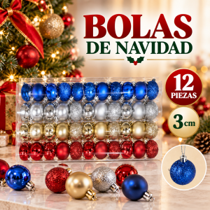 Esfera de Navidad de 3 cm en paquete de 12 piezas y varios colores, ideales para decorar árboles y espacios navideños. Venta por mayoreo