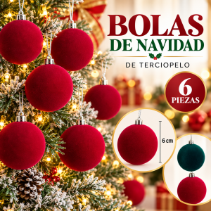 Bolas de Navidad de terciopelo de 8 cm en paquete de 6 piezas, ideales para decorar árbol y espacios navideños. Venta por mayoreo