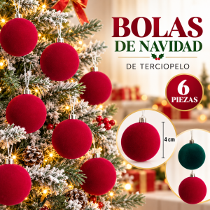 Bolas de Navidad de terciopelo de 4 cm en paquete de 6 piezas, ideales para decorar árbol y espacios navideños. Venta por mayoreo