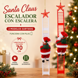 Santa Claus escalador con escalera de 70 cm, funcionamiento con pilas, ideal para decoración navideña. Venta por mayoreo