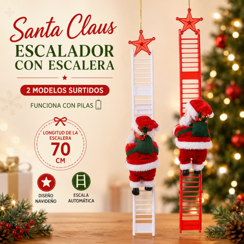 Santa Claus escalador con escalera de 70 cm, funcionamiento con pilas, ideal para decoración navideña. Venta por mayoreo