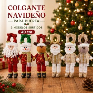 Colgante navideño para puerta de 40 cm, modelos variados, ideal para decorar accesos y espacios en Navidad. Venta por mayoreo