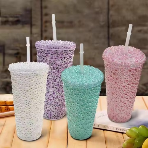 Vaso decorado con perlas brillantes, capacidad 24oz, incluye popote reutilizable, colores surtidos, perfecto para bebidas frías y calientes  Venta al por mayor 61461