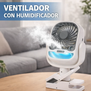 Ventilador portátil con humidificador y clip ajustable. Ideal para escritorio, hogar o viajes. Diseño compacto con luz. Venta por mayoreo 6178