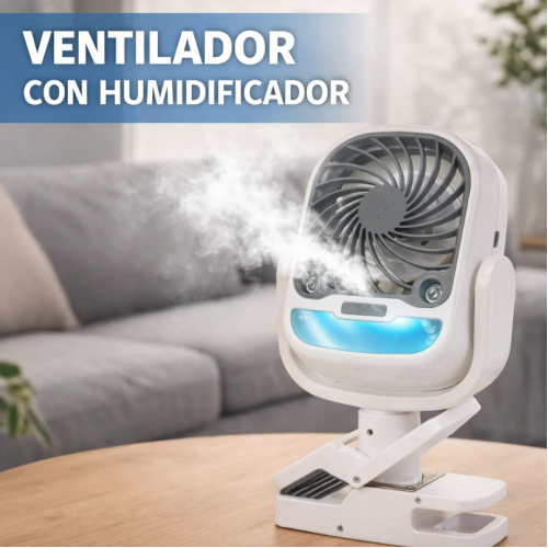 Ventilador portátil con humidificador y clip ajustable. Ideal para escritorio, hogar o viajes. Diseño compacto con luz. Venta por mayoreo 6178