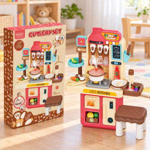 Cocinita infantil con banco, utensilios, olla y accesorios, ideal para juegos de cocina. Venta por mayoreo