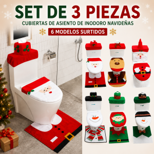 Set de 3 piezas con cubiertas navideñas para asiento de inodoro, modelos surtidos, ideal para decorar el baño en Navidad. Venta por mayoreo