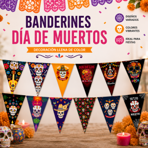 Banderines decorativos con diseños de calaveras y temática de Día de Muertos, ideales para fiestas, eventos y decoración de temporada. Venta por mayoreo.