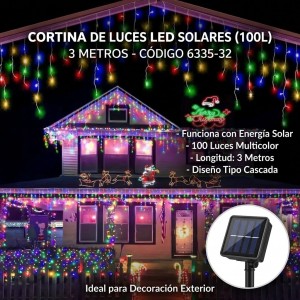 Cortina de Luces LED Solares Multicolor de 3 Metros y 100 Luces multicolor. Decoración ideal de exterior para Navidad y eventos.