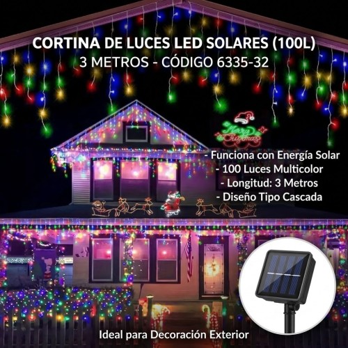 Cortina de Luces LED Solares Multicolor de 3 Metros y 100 Luces multicolor. Decoración ideal de exterior para Navidad y eventos. Cortina de Luces LED Solares Multicolor de 3 Metros y 100 Luces multicolor. Decoración ideal de exterior para Navidad y eventos.