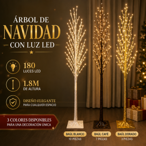 Árbol de Navidad con luz LED de 1.8 m y 180 luces, colores blanco, café y dorado, ideal para decoración navideña. Venta por mayoreo