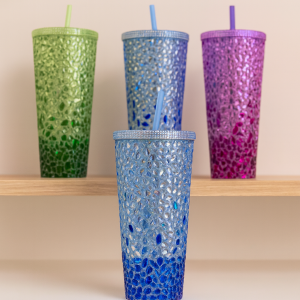 Vaso diseño sirena texturizado con popote, colores variados, venta por mayoreo 6339