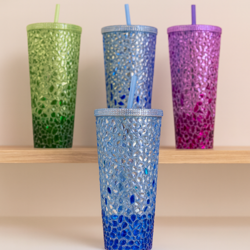 Vaso diseño sirena texturizado con popote, colores variados, venta por mayoreo 6339