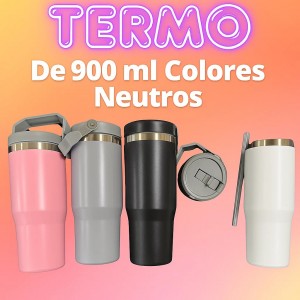 Termo de acero inoxidable 900 ml con tapa y popote colores neutros – venta por mayoreo 6482-DC