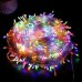 Serie LED de 10 metros con 100 luces multicolor y 4 modos de iluminación. Cable transparente ideal para decoración navideña, fiestas o interiores.