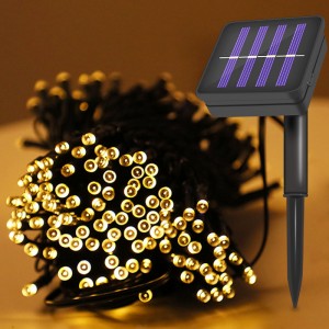 Serie solar de 200 luces LED cálidas con 8 modos de iluminación. Longitud 20 m. Ideal para jardines, terrazas o ventanas. Resistente al agua y con carga solar. Venta por mayoreo