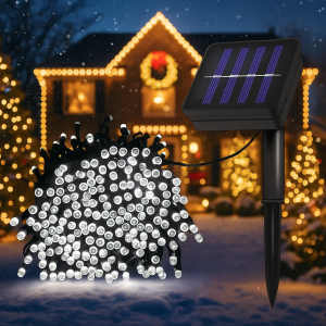 Serie solar blanca de 200 LED con 8 modos de luz. Longitud 20 m, ideal para jardín, terraza o ventana. Carga solar, resistente al agua. Venta al por mayor 6529-24