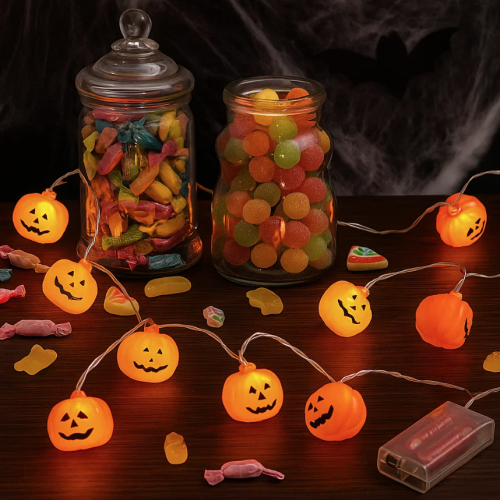 Guirnalda de Halloween con 10 calabazas LED cálidas. 2 metros. Funciona con pilas, ideal para decorar paredes, ventanas o fiestas temáticas. 6529-6