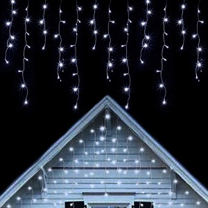 Cascada de luces LED blanca de 8 m con 300 focos, 8 modos de iluminación y conector de extensión. Ideal para decorar balcones, fachadas o interiores con estilo navideño. Venta al por mayor 6529-62