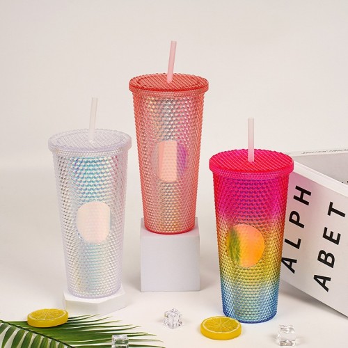 Vaso aurora con popote de plastico de gran capacidad con escamas de pescado de doble capa   ,  MAYOREO 661-1