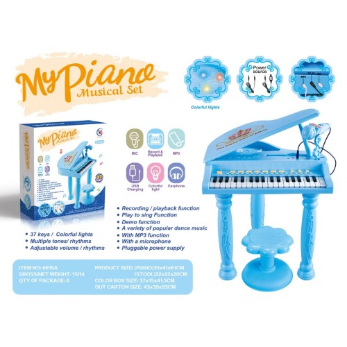 Piano musical Teclado electrónico MP3 función externa cable de carga USB 6615 cool jazz drum piano de cola 37 teclas, función de grabado, varios tonos, MP3, micrófono, color azul y rosa