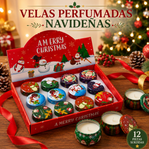 Velas navideñas en tarros metálicos con diseños surtidos de Navidad, ideales para decorar y ambientar espacios. Venta por mayoreo
