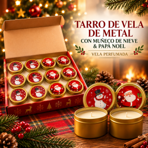 Vela perfumada en tarro de metal con diseños de muñeco de nieve y Papá Noel, ideal para decorar y ambientar espacios en Navidad. Venta por mayoreo
