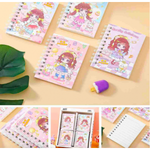 Libreta kawaii con diseño de muñeca, 80 hojas rayadas, espiral metálico, tamaño mini 77x107 mm – venta por mayoreo