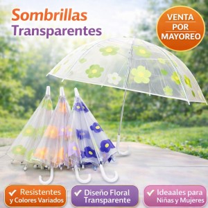 Sombrilla Transparente Floral con Mango Curvo por Mayoreo 721