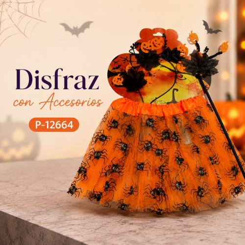 Disfraz naranja con falda de tul, estampado de arañas y accesorios decorativos. Ideal para fiestas de Halloween. Venta por mayoreo