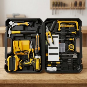 Kit de taladro inalámbrico con herramientas y estuche, ideal para trabajos de reparación y mantenimiento. Venta por mayoreo