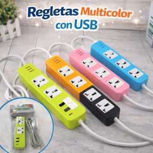 Regleta Multicontacto con USB Colores Surtidos por Mayoreo 80467