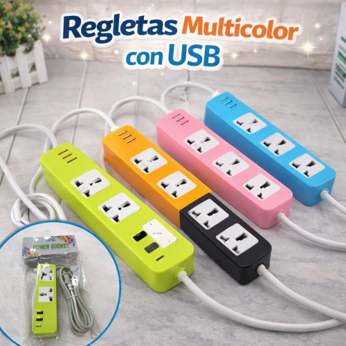 Regleta Multicontacto con USB Colores Surtidos por Mayoreo 80467
