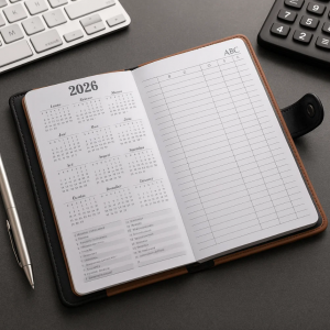 Agenda anual 2026 con diseño elegante y forro tipo piel, ideal para uso ejecutivo, escolar o personal. Incluye calendario anual, secciones para notas y contactos. Colores variados. Venta al por mayor 81269