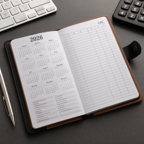Agenda anual 2026 con diseño elegante y forro tipo piel, ideal para uso ejecutivo, escolar o personal. Incluye calendario anual, secciones para notas y contactos. Colores variados. Venta al por mayor 81269