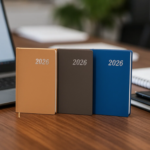 Agenda anual 2026 tamaño A5. Diseño clásico y resistente. Ideal para oficina, escuela o uso personal. Venta al por mayor Colores variados 81270