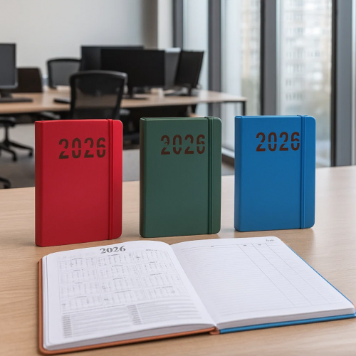 Agenda anual 2026 con banda elástica y pasta tipo piel. Tamaño A5 ideal para oficina o escuela. Diseño elegante y funcional. Colores variados. Venta al por mayor 81271