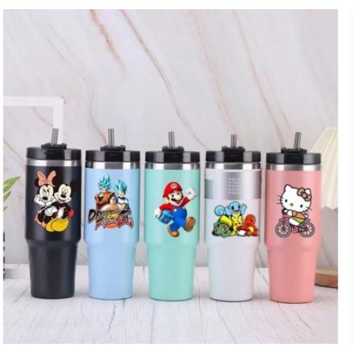 Termo de acero inoxidable de 30oz con Stickers Hello kitty+ super mario+ Disney+pokemon+ 8185D