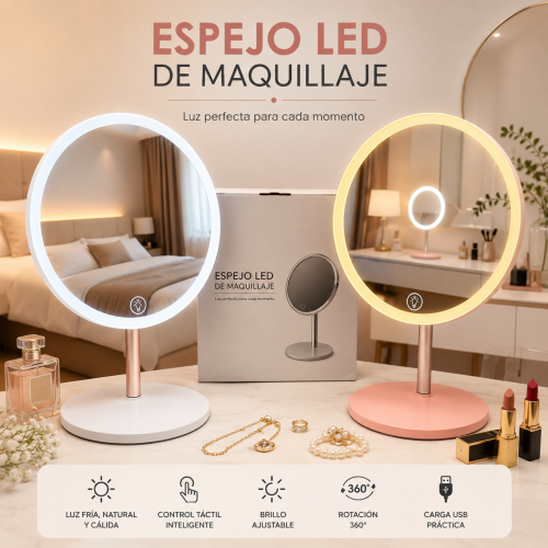 Espejo LED de escritorio con iluminación uniforme y diseño elegante. Ideal para maquillaje, cuidado facial y uso diario- por mayoreo 