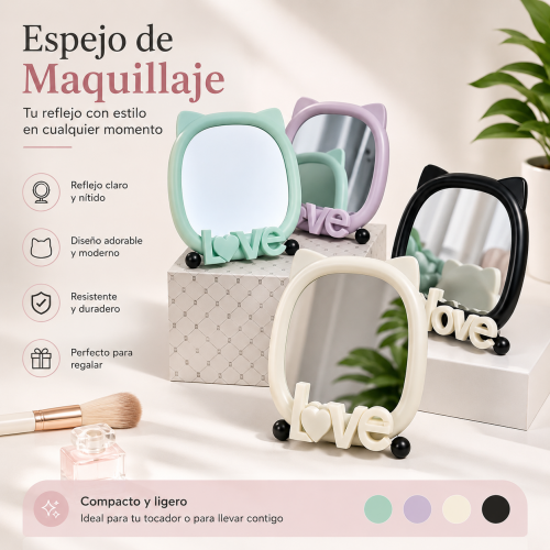 Espejo decorativo con diseño de gato estilo kawaii ideal para tocador recámara y regalo. Por Mayoreo