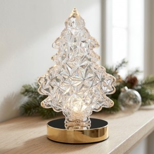 Lámpara decorativa navideña en forma de árbol con base dorada, ideal para iluminar y ambientar espacios en Navidad. Venta por mayoreo