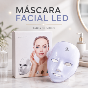 Máscara facial LED de belleza con diseño blanco, acabado brillante y empaque en caja, ideal para cuidado personal, skincare y tienda en línea. Venta por mayoreo